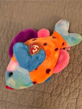 VTG 1999 Ty Beanie Buddy LIPS the Fish Plush Neon Tie Dye Orange Spotted 13”